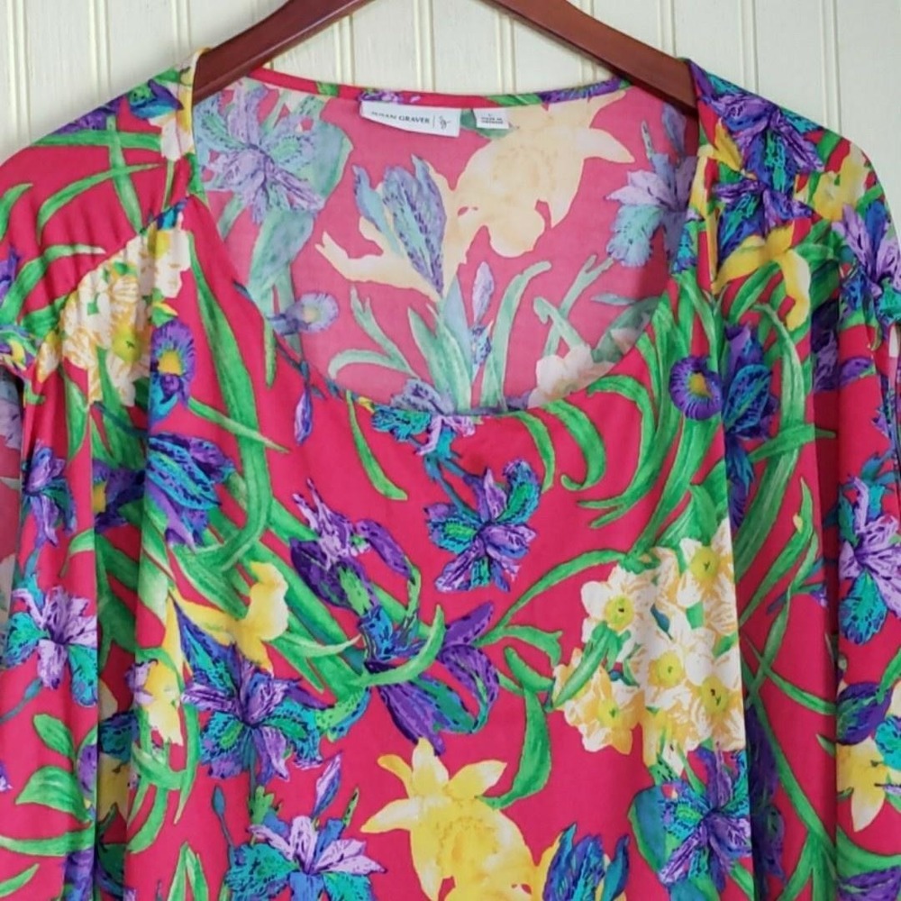Susan Graver Blouse Womens Large Pink Scoop Neck Dolman Sleeve Floral Tunic Top
